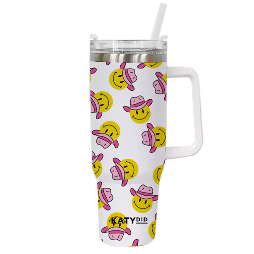 Cowboy Happy Face Travel Tumbler with Handle