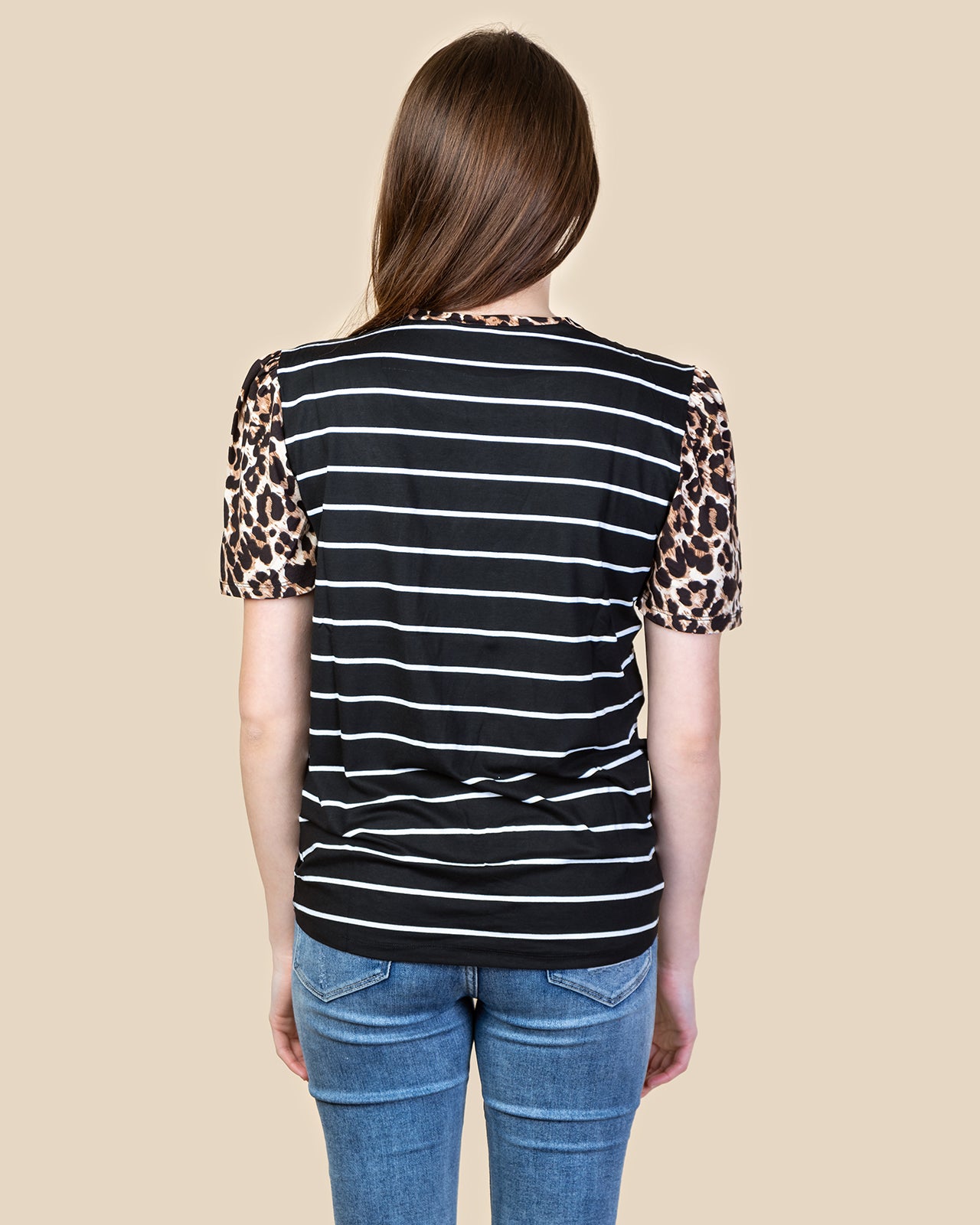 Stripe with Leopard Sleeve Top