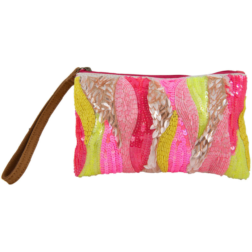 Pink/Yellow/Champagne Beaded Women's Wristlet Clutch