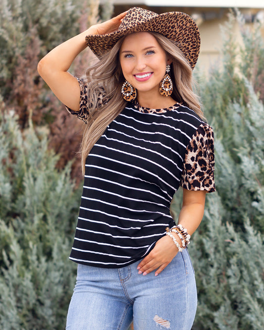 Stripe with Leopard Sleeve Top