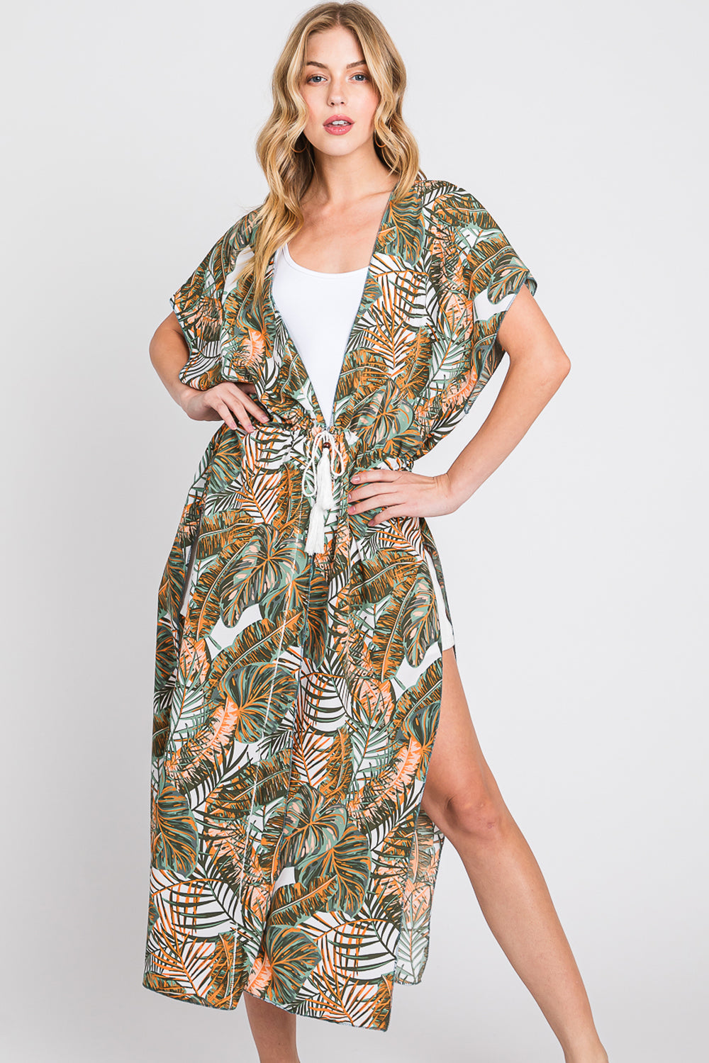 Tropical Print w/ Drawstring Kimono